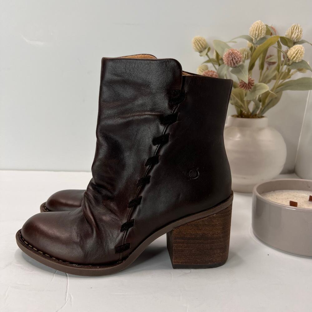*List Born Toni Leather Chunky Stacked Heel Boot Dark Brown Women 6/37 M/W NWOB